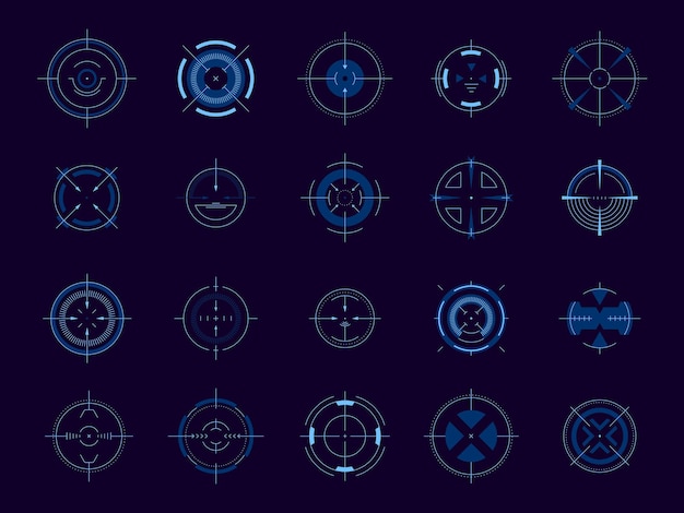 Objectif de cercle HUD Système cible interface utilisateur de jeu futuriste contrôle de mise au point ronde militaire vue d'arme de tireur d'élite Élément de tableau de bord vectoriel défini pour viser