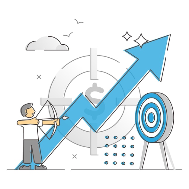 Objectifs Commerciaux En Tant Que Processus De Réalisation De L'objectif De Profit Concept De Contour Monocolore. Développement Ou Croissance De L'entreprise Avec Une Illustration Vectorielle Précise Du Travail De Performance. Scène De Travail De Défi Financier D'entreprise