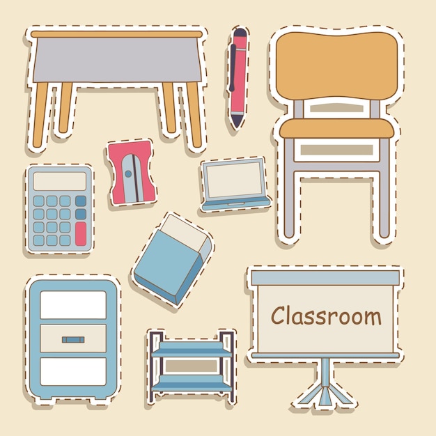 Objet De Classe Mignon Autocollant Set Illustration