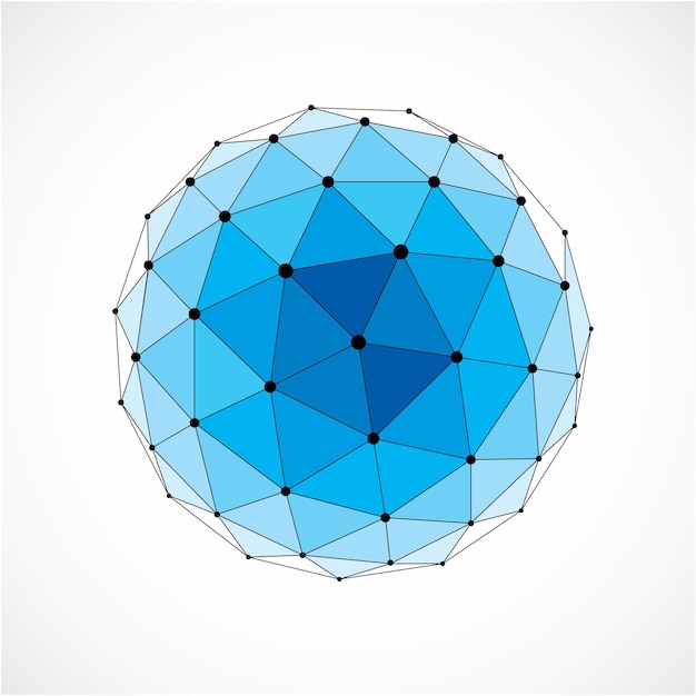 Objet filaire low poly dimensionnel vectoriel, forme sphérique bleue avec grille noire. Technologie Élément de maillage 3d réalisé à l'aide de facettes triangulaires à utiliser comme forme de conception en ingénierie.