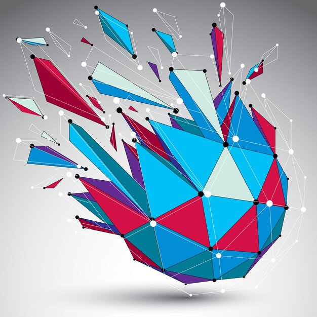 Objet filaire numérique vectoriel 3d divisé en différentes particules et réfractions, structure polygonale géométrique colorée avec maillage de lignes. Forme brisée low poly, forme de treillis.