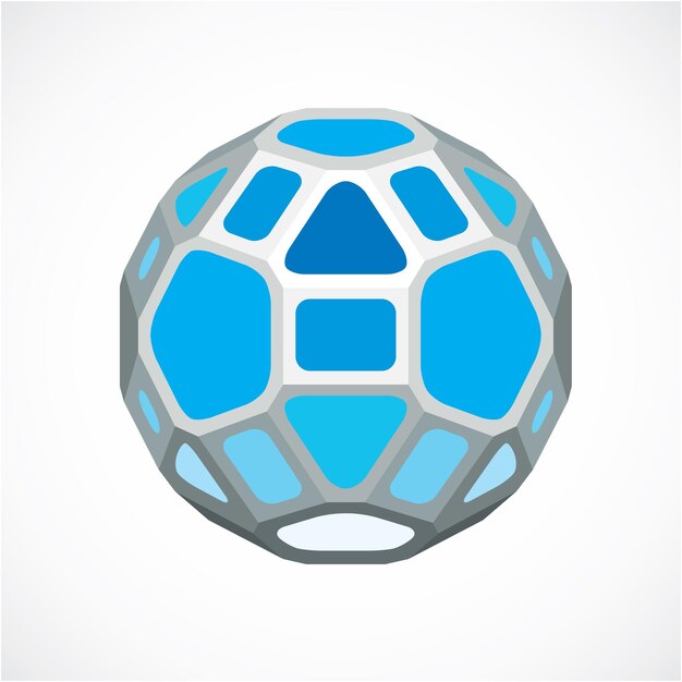 Objet low poly vecteur dimensionnel bleu, balle. Technologie Élément sphérique 3d composé de facettes rectangulaires à utiliser comme forme de conception en ingénierie.