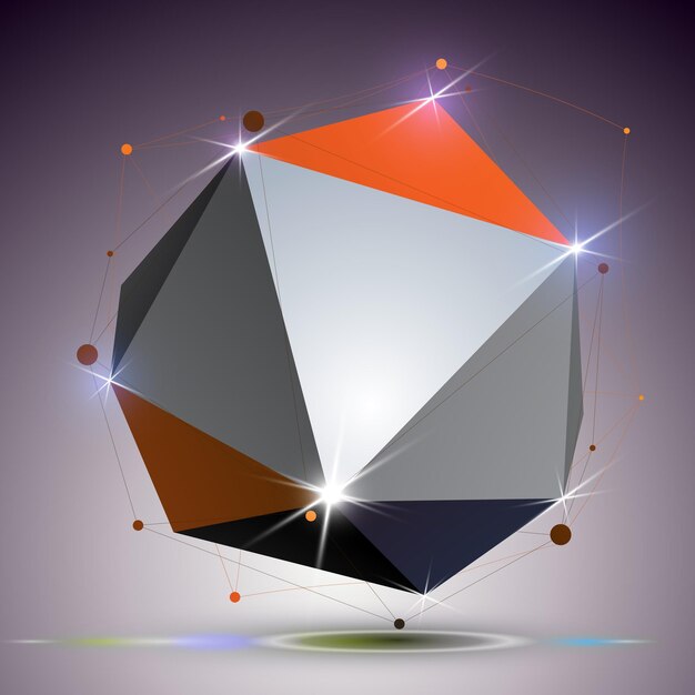 Objet poli asymétrique créatif avec maillage de lignes. Abstraction d'ingénierie compliquée brillante colorée 3d avec effet de lumières. Élément de modélisation de filet lumineux.