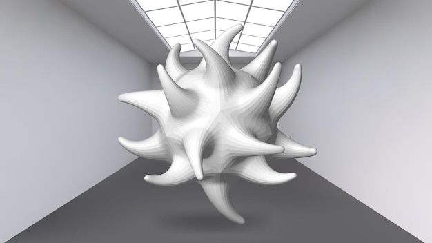 Vecteur objet polygonal abstrait suspendu. la salle blanche avec le sujet au milieu. espace d'exposition d'objets d'art moderne. objets de science-fiction. grille volumétrique structurelle.