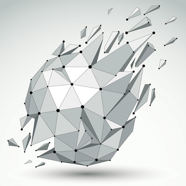 Objet sphérique 3d vectoriel low poly avec lignes et points connectés noirs, forme filaire géométrique avec réfractions. Forme brisée en perspective asymétrique.