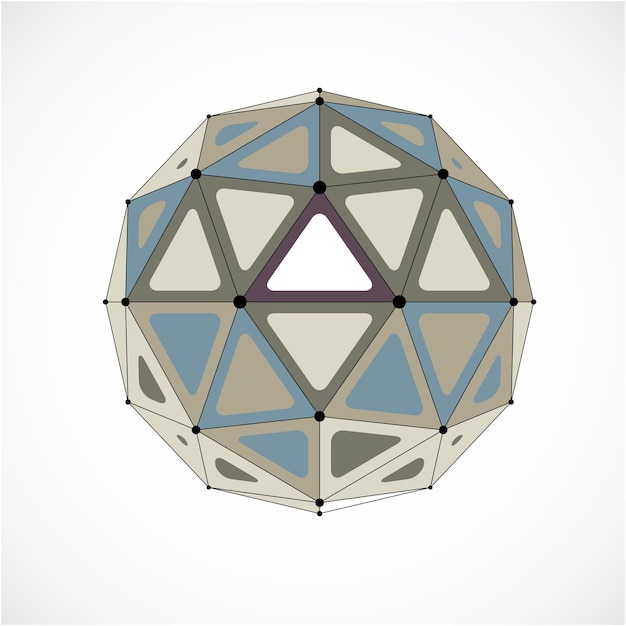 Objet sphérique 3d vectoriel low poly avec lignes et points connectés noirs, forme filaire monochrome géométrique. Orbe de perspective créé avec des facettes triangulaires.