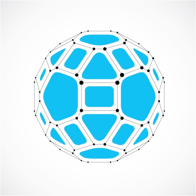Objet sphérique filaire numérique vectoriel 3d réalisé à l'aide de facettes. Boule bleue polygonale géométrique créée avec des lignes de maillage et des pentagones. Forme poly faible, forme de treillis à utiliser dans la conception de sites Web.