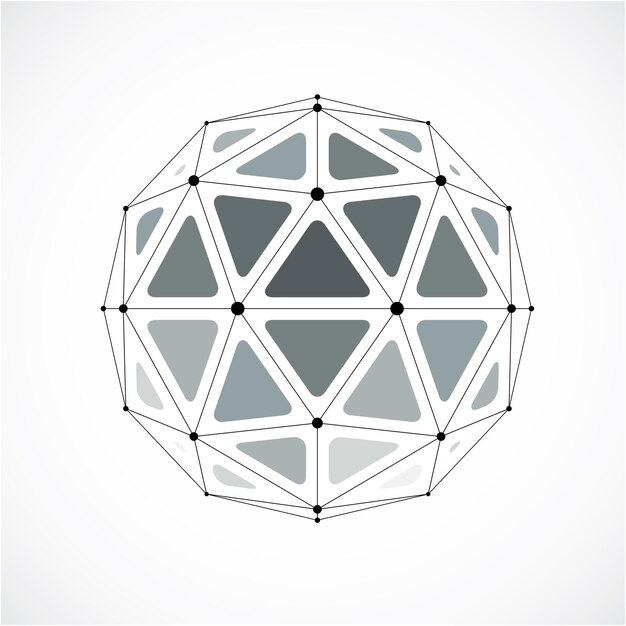 Objet sphérique filaire numérique vectoriel 3d réalisé à l'aide de facettes triangulaires. Structure polygonale géométrique créée avec un maillage de lignes. Forme poly basse, forme de treillis gris à utiliser dans la conception de sites Web.
