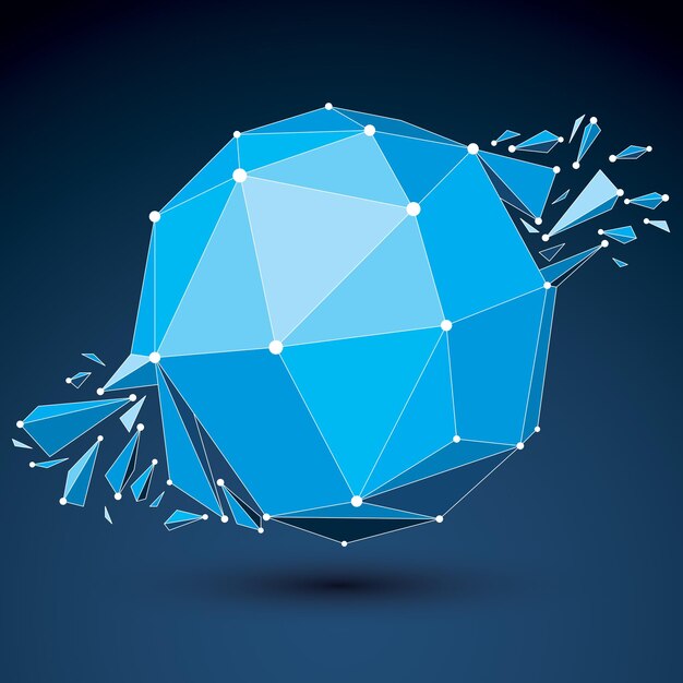 Objet vectoriel 3d low poly avec lignes et points connectés bleus, forme filaire géométrique avec réfractions. Forme brisée en perspective asymétrique. Effet luminescent, technologie de communication.