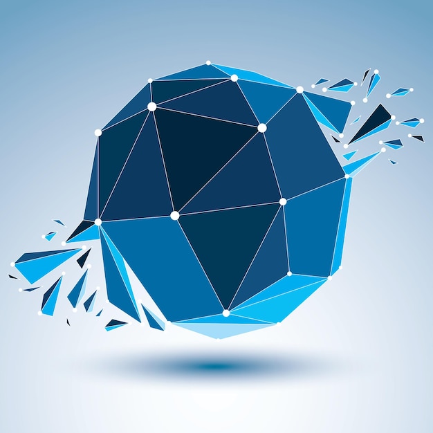 Objet vectoriel 3d low poly avec lignes et points connectés bleus, forme filaire géométrique avec réfractions. Forme brisée en perspective asymétrique. Effet luminescent, technologie de communication.
