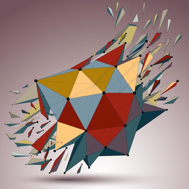 Objet vectoriel 3d low poly avec lignes et points connectés, forme filaire géométrique colorée avec réfractions. Forme brisée en perspective asymétrique.