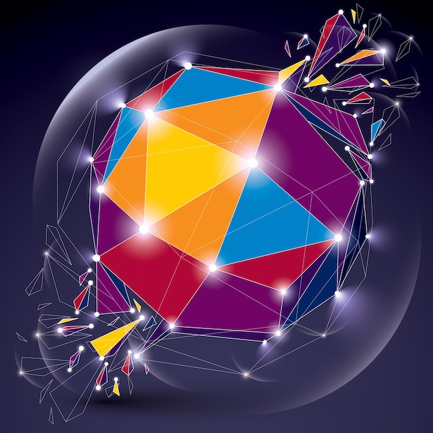 Objet vectoriel abstrait low poly détruit avec des lignes et des points connectés. Forme futuriste cassée en origami 3d avec maillage de lignes et fractures. Effet de lumière et élément lumineux.