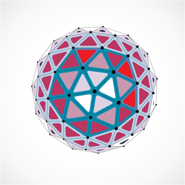 Objet vectoriel filaire dimensionnel low poly, forme sphérique colorée avec grille noire. Technologie Élément de maillage 3d réalisé à l'aide de facettes triangulaires à utiliser comme forme de conception en ingénierie.