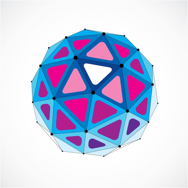 Objet vectoriel filaire dimensionnel low poly, forme sphérique violette avec grille noire. Technologie Élément de maillage 3d réalisé à l'aide de facettes triangulaires à utiliser comme forme de conception en ingénierie.