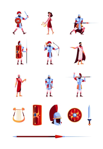 Objets Anciens Casques Grecs Armes Papirus Coupe D'or Colonnes Personnages De Rome écrivains Médiévaux Vecteur Criard Collection Historique