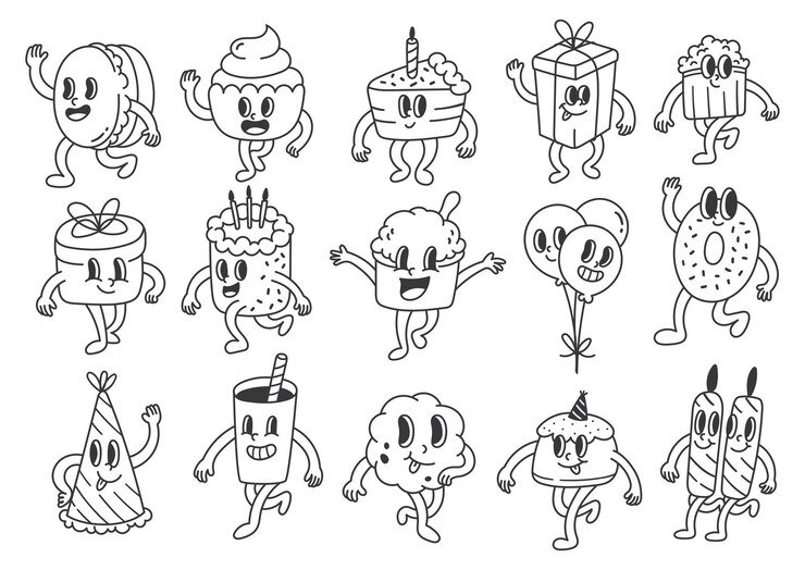 Des objets d'anniversaire Des personnages de dessins animés Objet de fête Kawaii Doodle Illustration
