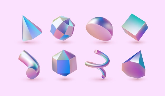Objets de forme de gradient 3D Abstrait sphère cercle boule géométrie futuriste métal néon Objets holographiques minimalistes Cube spirale et cône Elements de conception vectorielle exacts