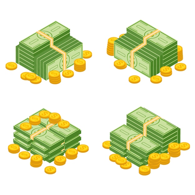 Objets Isolés Sur Fond Blanc. Divers Billets De Banque En Argent Comptant En Dollars Et Pièces D'or. Illustration De Tas D'argent, De Pile Et De Pile D'argent.