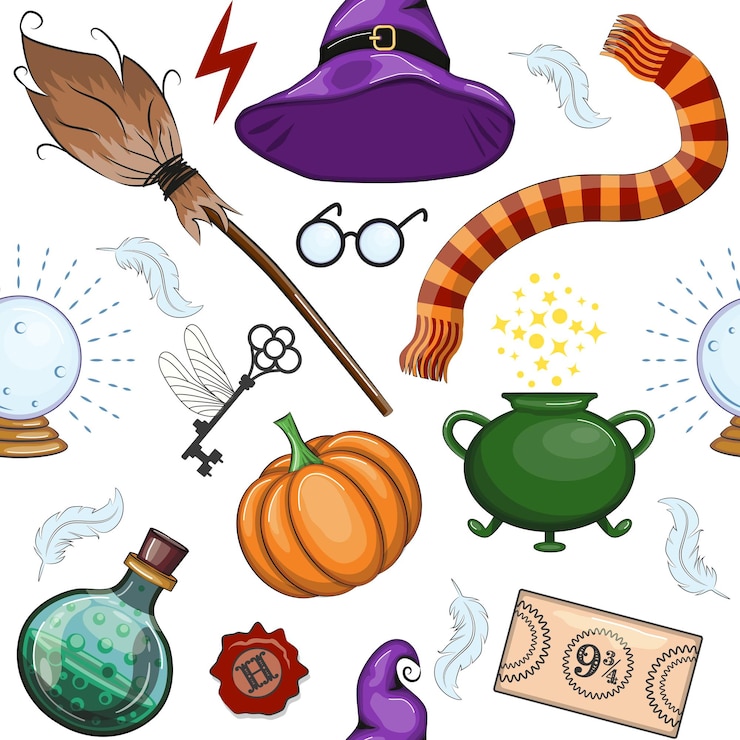 Vecteur des objets magiques à motif sans couture dans un style plat école de magie