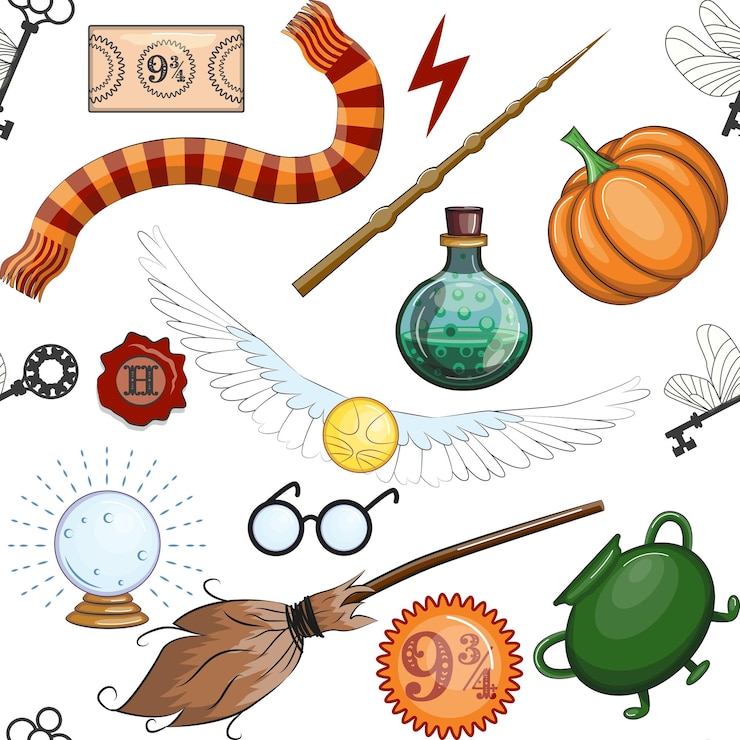 Vecteur des objets magiques à motif sans couture dans un style plat école de magie