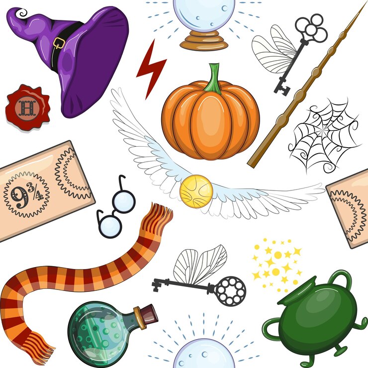 Vecteur des objets magiques à motif sans couture dans un style plat école de magie