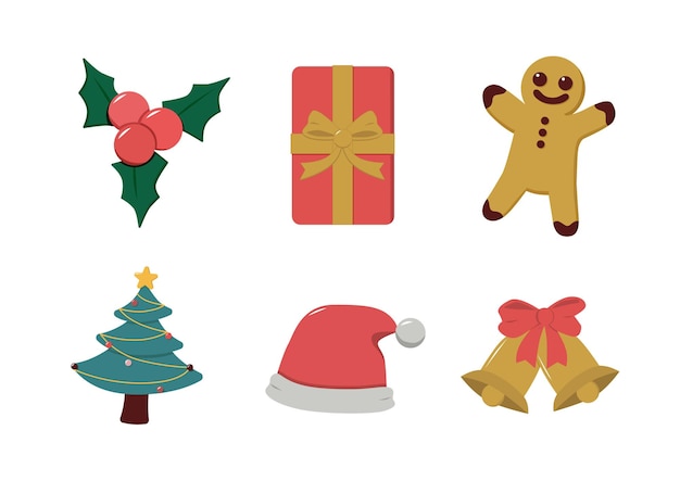Des objets de Noël avec des cadeaux, du pain d'épice et des cloches.