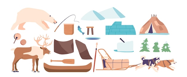 Vecteur objets et objets esquimaux ensemble vectoriel de dessins animés ours polaire renne tambourin et tige igloo et yourte habitations pour les conditions glaciales de l'arctique outils de pêche sur glace bateau et traîneaux pour le transport