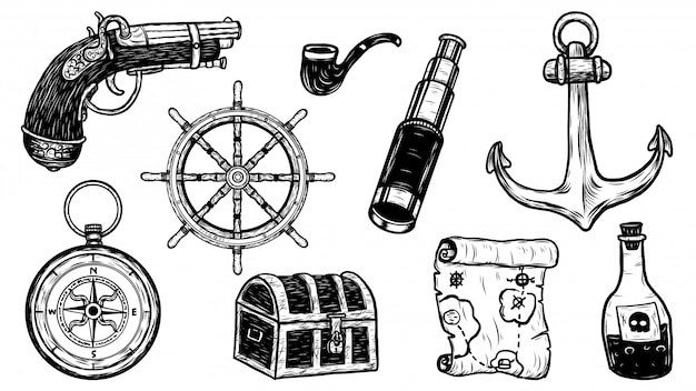 Objets Pirate Définir Le Vecteur à La Main, Dessin.