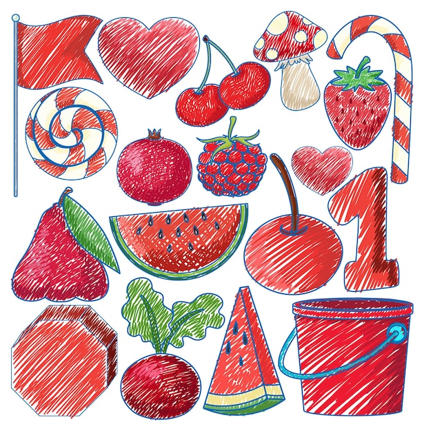 Objets Rouges Dans Un Style Simple De Croquis De Couleur Au Crayon