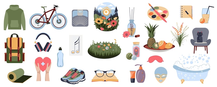 Objets de soins personnels méga-ensemble en design graphique plat Collection d'éléments d'équipements de voyage et de sport lecture livre peinture écriture aromathérapie relaxation spa autres articles d'illustration vectorielle