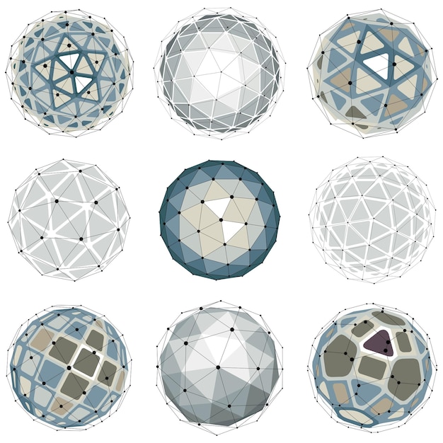 Objets sphériques filaires numériques vectoriels 3d réalisés à l'aide de différentes facettes géométriques. Orbes polygonales créées avec un maillage de lignes. Collection de formes low poly, formes en treillis à utiliser dans la conception de sites Web.