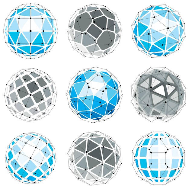 Vecteur objets sphériques filaires numériques vectoriels 3d réalisés à l'aide de différentes facettes géométriques. orbes polygonales créées avec un maillage de lignes. collection de formes low poly, formes en treillis à utiliser dans la conception de sites web.