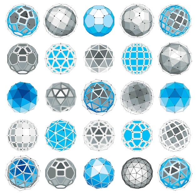 Objets sphériques filaires numériques vectoriels 3d réalisés à l'aide de différentes facettes géométriques. Orbes polygonales créées avec un maillage de lignes. Collection de formes low poly, formes en treillis à utiliser dans la conception de sites Web.