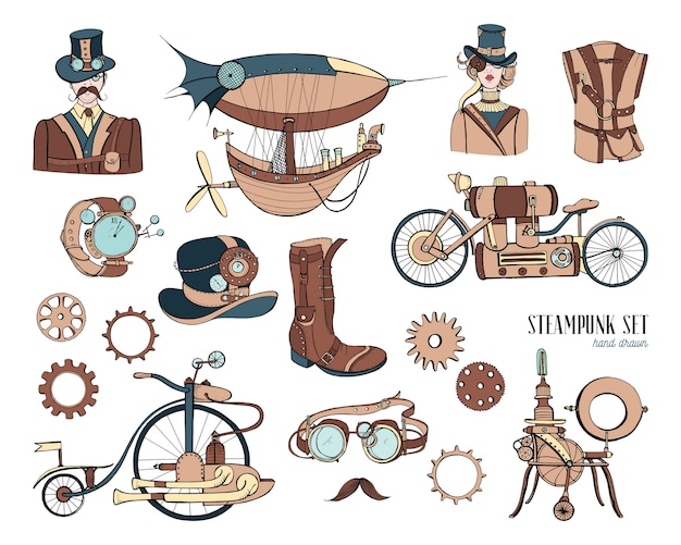 Objets Steampunk Et Machine De Collecte De Mécanismes, Vêtements, Personnes Et Engrenages. Ensemble D'illustration De Style Vintage Dessiné à La Main.