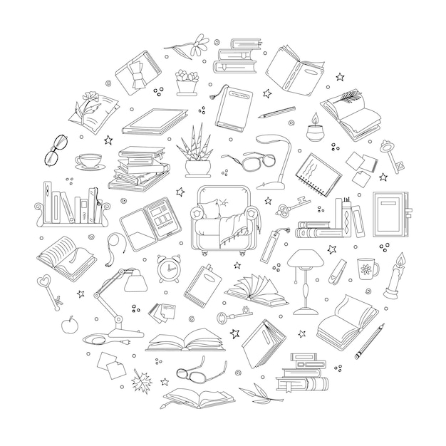 Objets sur le sujet de la lecture dans la composition ronde