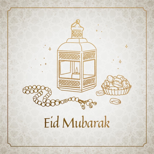 Vecteur objets traditionnels de joyeux eid mubarak dessinés à la main