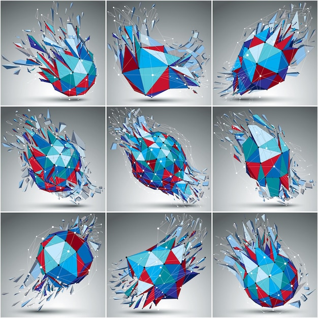 Objets vectoriels 3d low poly avec lignes et points noirs et blancs connectés, ensemble de formes filaires numériques colorées avec réfractions. Collection de formes brisées de perspective cybernétique.