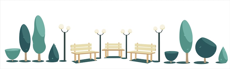 Vecteur objets de volume vectoriel bancs arbres buissons et lanternes dans des tons de vert pour le printemps été