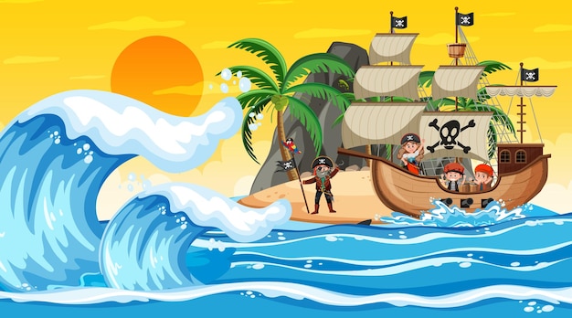 Océan Avec Bateau Pirate Au Coucher Du Soleil Scène En Style Cartoon