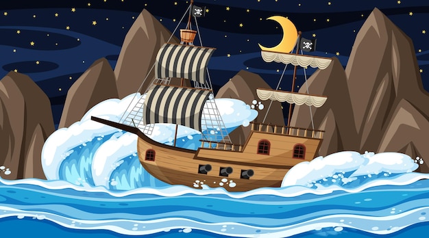 Océan Avec Bateau Pirate En Scène De Nuit En Style Cartoon