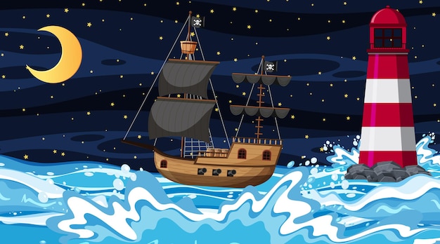 Océan avec bateau pirate en scène de nuit en style cartoon