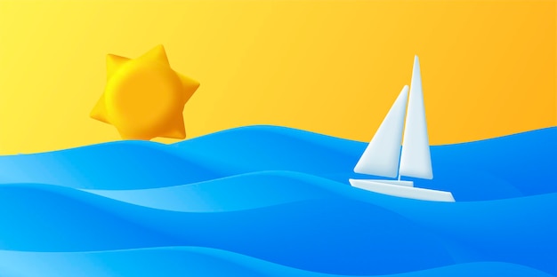 Océan bleu illustration lumineuse 3d avec yacht et soleil