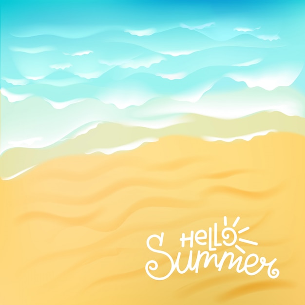 Océan bleu sur une plage de sable avec calligraphie Bonjour Summer