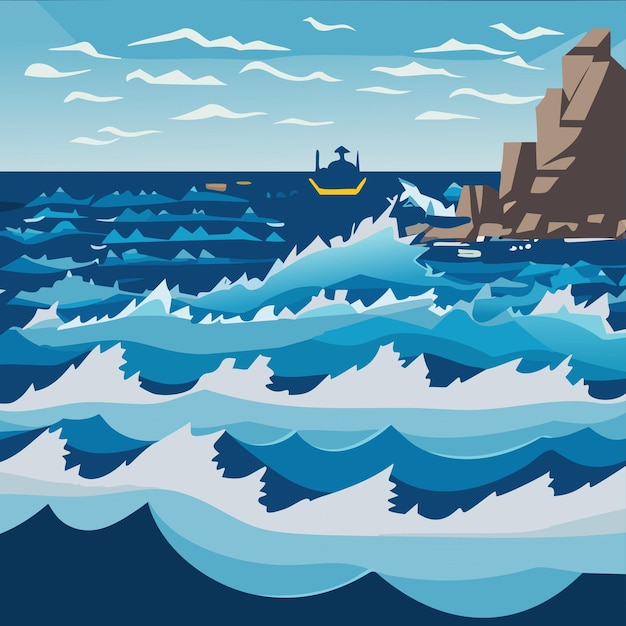 L'océan bleu avec les vagues qui s'écrasent et les poissons colorés qui nagent