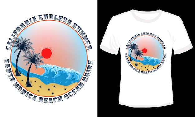 Ocean Drive été Sans Fin Californie Santa Monica Beach T-shirt Design Illustration Vectorielle