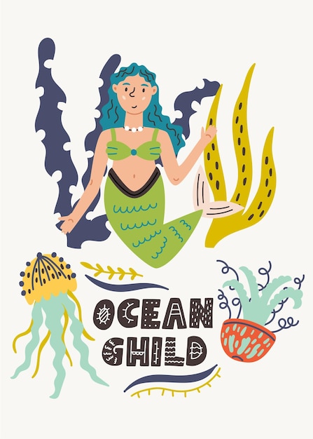 Océan enfant lettrage sirène algues méduse Doodle illustration Main dessinée pépinière bébé style scandinave enfants t-shirt carte postale