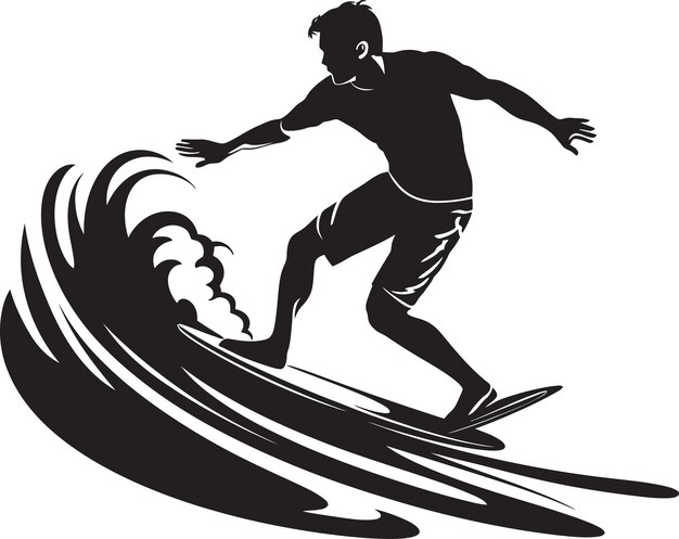 Vecteur ocean flow guy surf avec une planche de surf emblème thrills côtiers symbole de surf vectoriel noir