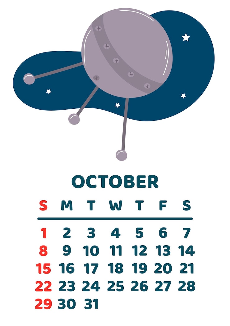 Vecteur octobre planificateur de calendrier spatial 2023 planification hebdomadaire planètes objets spatiaux la semaine commence le dimanche fond blanc