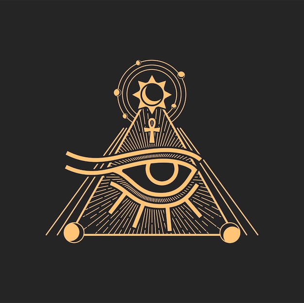 Vecteur oeil d'horus et pyramide égyptienne croix et signe solaire