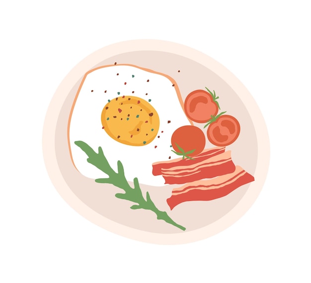 Œuf Frit, Tranches De Bacon, Tomates Cerises Et Roquette Sur Assiette Pour Le Petit-déjeuner Ou Le Déjeuner. Cuisine Britannique Traditionnelle. Illustration Vectorielle Plane Colorée Isolée Sur Fond Blanc.